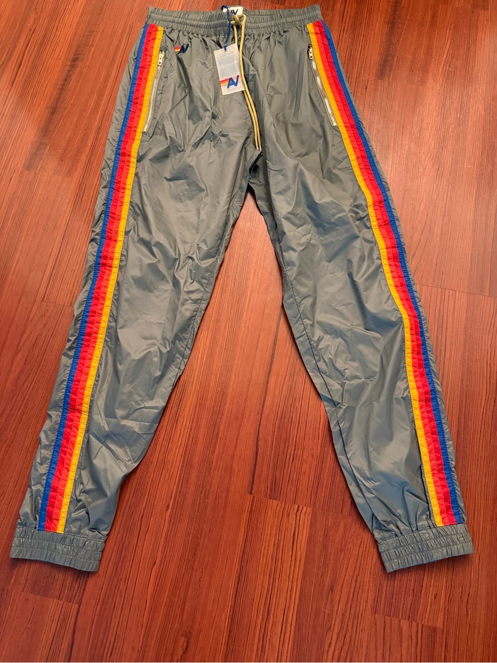 Aviator Nation Gray Sweatpants with Red-Orange-Yellow-Blue Side Stripes